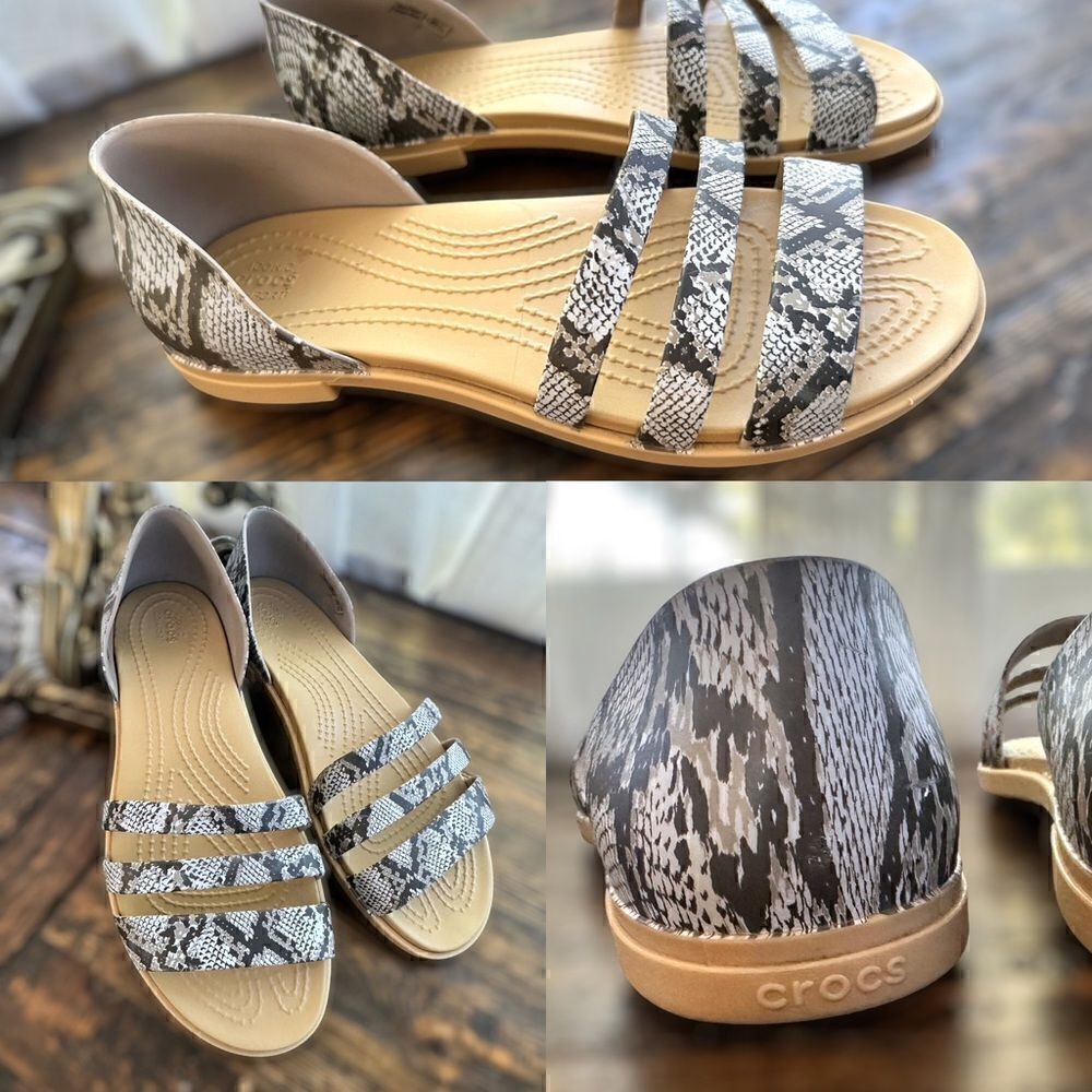 CROCS Tulum Open Toe Flat Gray Snake 3-Strap Flat Sandals Size 6